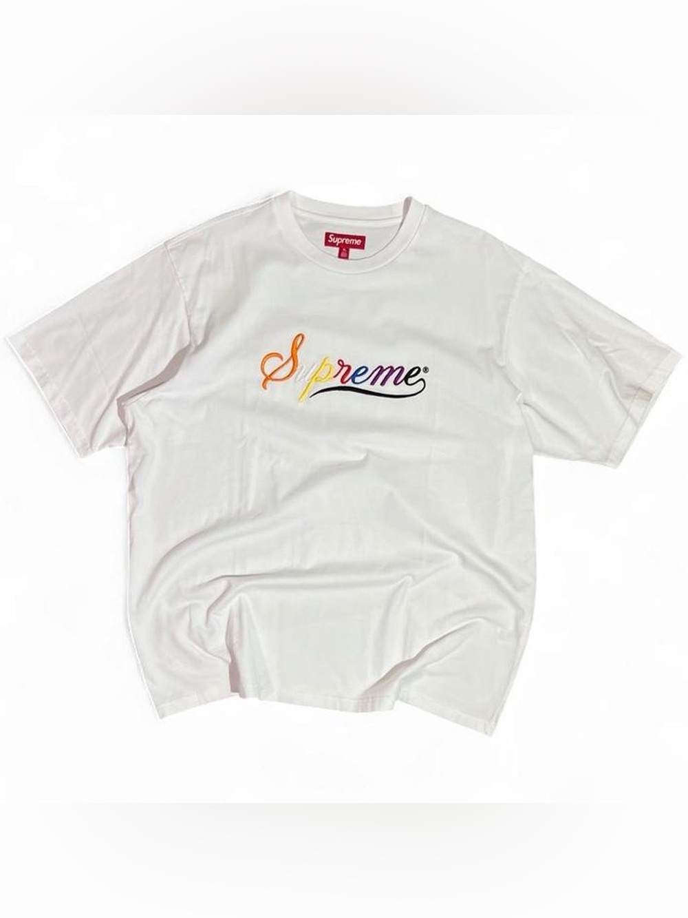 Supreme White Tee with Orange-Yellow-Purple Gradient Script